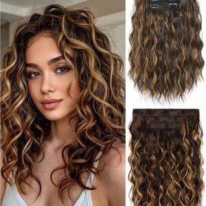 Clip-in hair extensions 4 piece brown with blonde highlights 12” curly synthetic